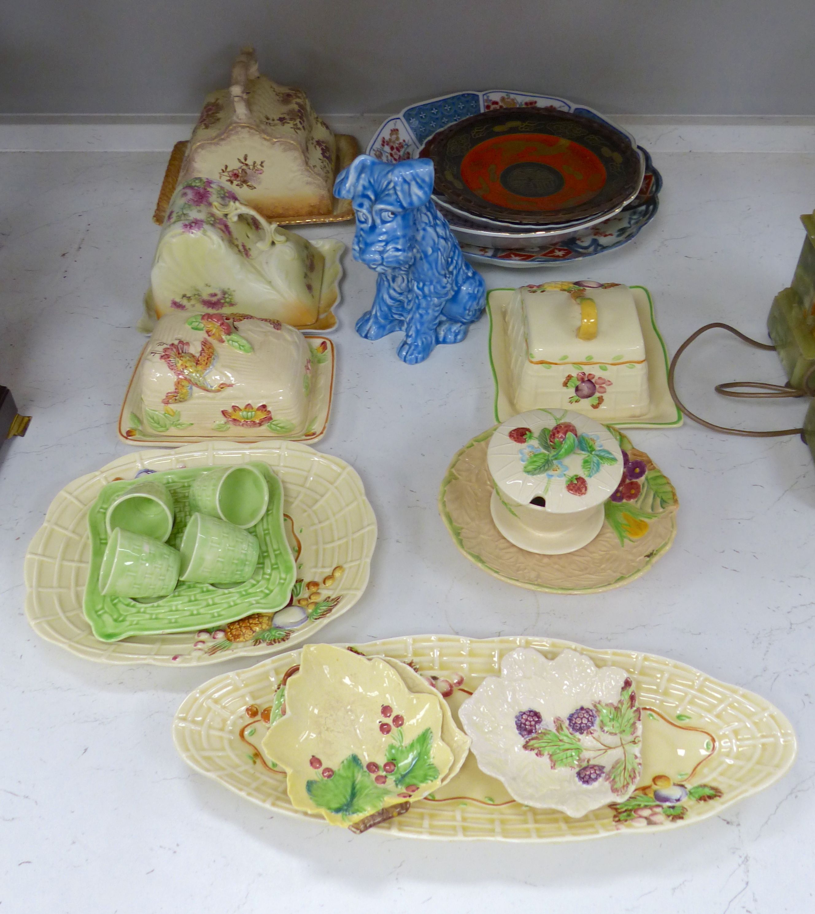 Miscellaneous china, including three cheese dishes, a Beswick preserve pot and cover, Carlton Ware and Imari dishes, etc.